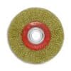 Cepillo Circular Rizado 5" para Amoladora de Banco. Alambre acero bronceado 0,30mm, ideal para remover pintura, óxido y herrumbre en superficies metálicas