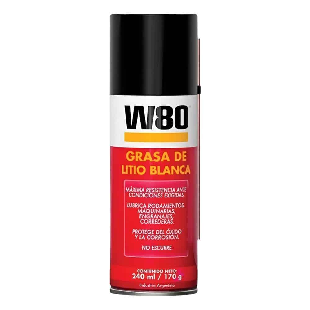 Aerosol Grasa de Litio Blanca 240ml W80. Grasa de litio de Grado 2. Protege de la humedad y del óxido. Lubrica piezas. Por su consistencia no escurre.