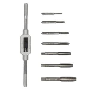 Juego de Machos con Manija Portamachos Bremen. Set de 8 piezas en acero Cr-Mn y manija de 194mm. Preciso, resistente y versátil para roscas métricas.