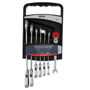 Juego de Llaves Combinadas con Crique Articulada Bremen. 7 Piezas precisas y resistentes de Cr-V. Con estuche portátil. Ideal para mecánica y mantenimiento.