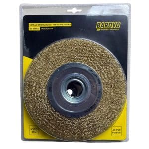 Cepillo Bronceado 8" para Amoladora de Banco Barovo. 4500rpm Alambre 0,3mm. Ideal para limpieza de óxido, pintura y rebabas en superficies metálicas.