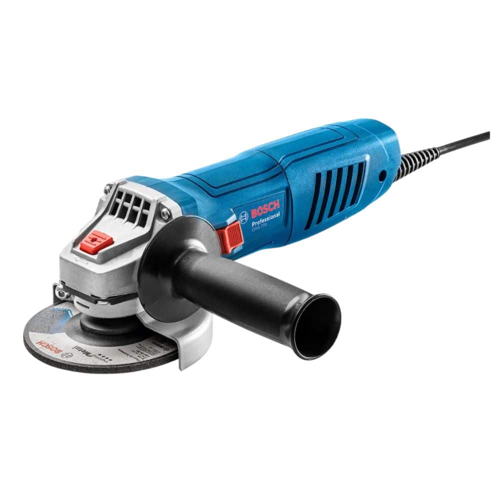 Amoladora Angular 770W Bosch. Compacta, potente y ergonómica. Disco de 115mm y 12.000rpm. Ideal para cortes y desbastes en metal, construcción y bricolaje.