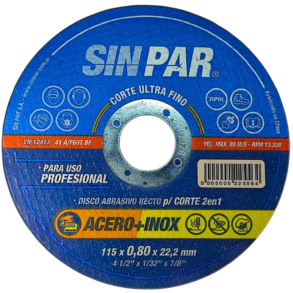 Disco de Corte Recto 115x0,8x22mm Sin Par. Precisión en acero e inoxidable. Pack x100 Compatible con amoladoras. Óxido de aluminio. 13.300rpm.